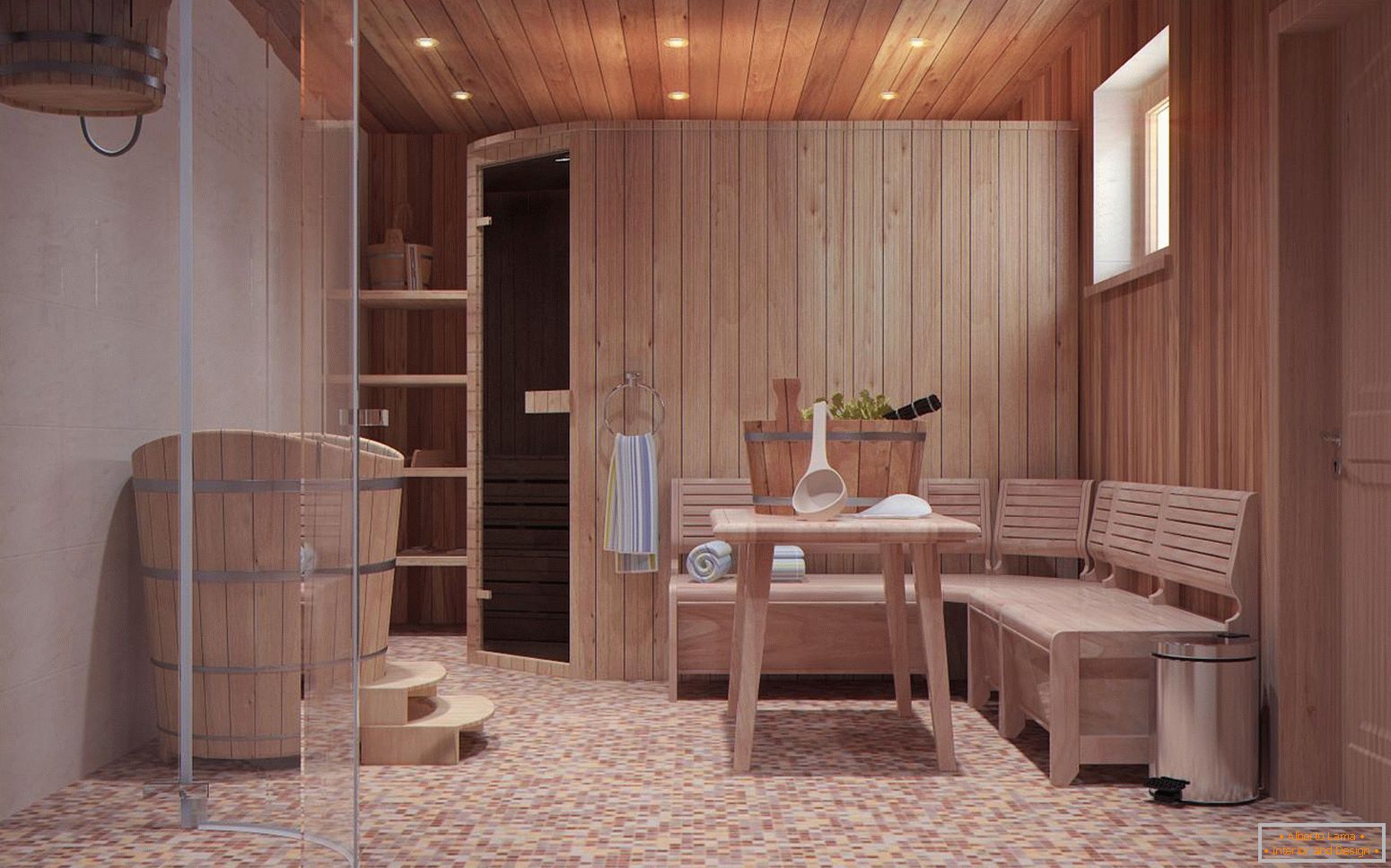 O cameră de relaxare într-o baie în stil scandinav