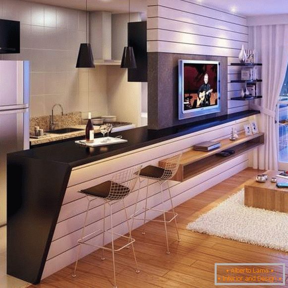 Proiect de design al unui apartament studio cu o cameră cu un contor de baruri