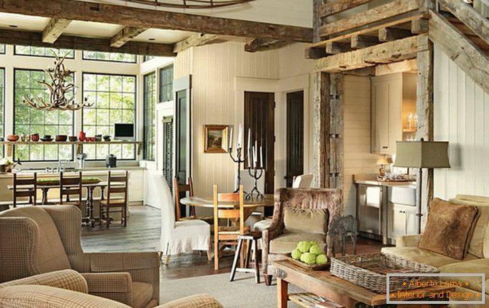 Amestecul corect de mobilier și mobilier din interiorul camerei de zi face din stilul satului o soluție creativă și neobișnuită pentru decorare. 