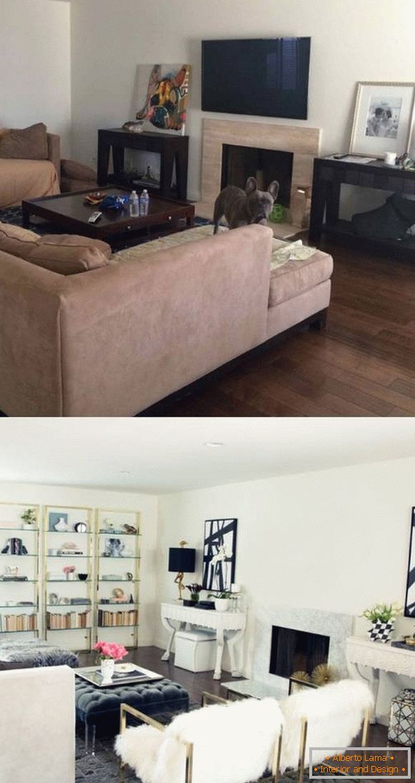 Interiorul camerei de zi a unei case private înainte și după