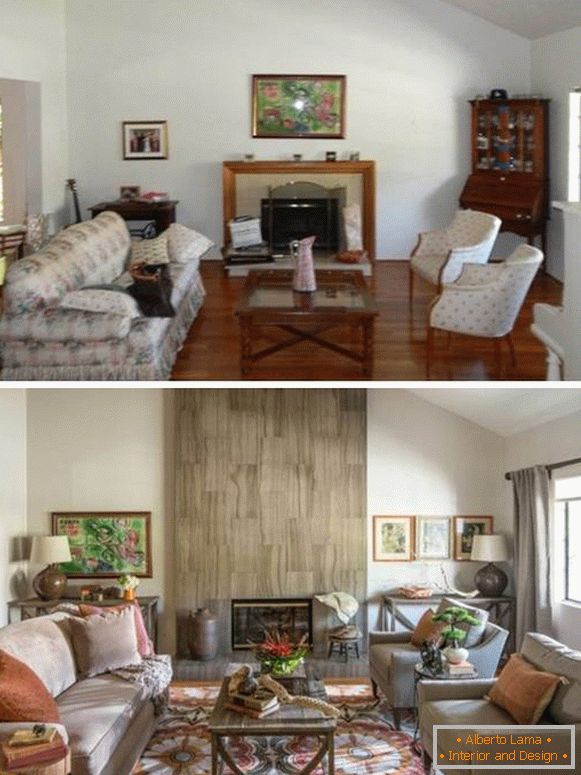 Cameră de zi confortabilă cu fotografie interioară de șemineu înainte și după