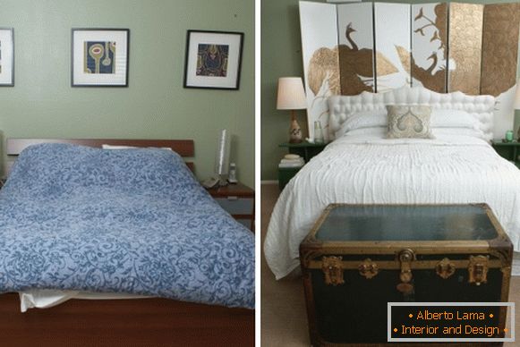 Interiorul unui dormitor într-o casă privată înainte și după reparații
