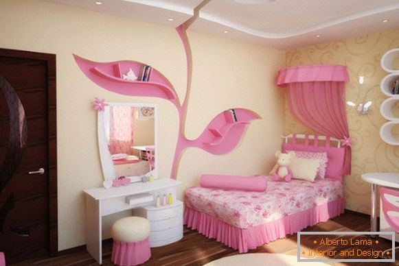 interiorul unei camere pentru copii pentru o fată în tonuri de culoare galbenă și roz