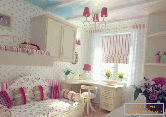 interior cu tapet alb și cer albastru pentru o cameră de copii pentru două fete