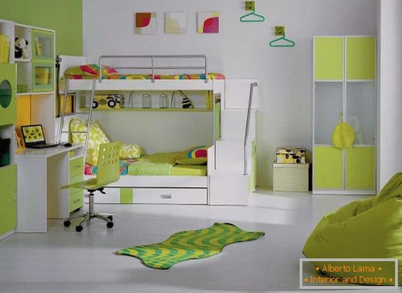 Designul modern al interiorului unui dormitor pentru copii într-o schemă de culoare verde deschis