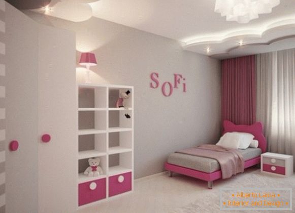 просторный серо-розовый interiorul unui dormitor pentru copii