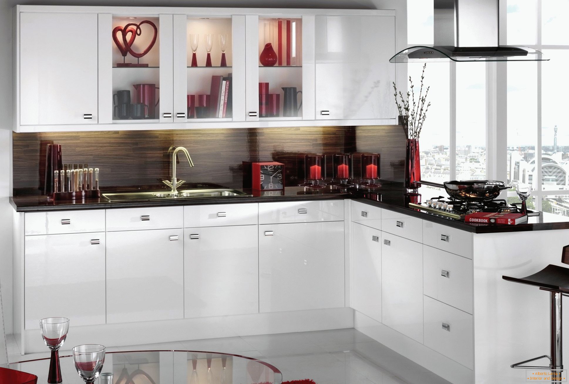 Negru și roșu în designul bucătăriei albe