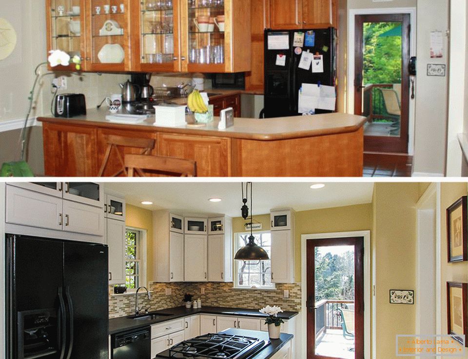 Interiorul unei bucătării mici înainte și după reparații