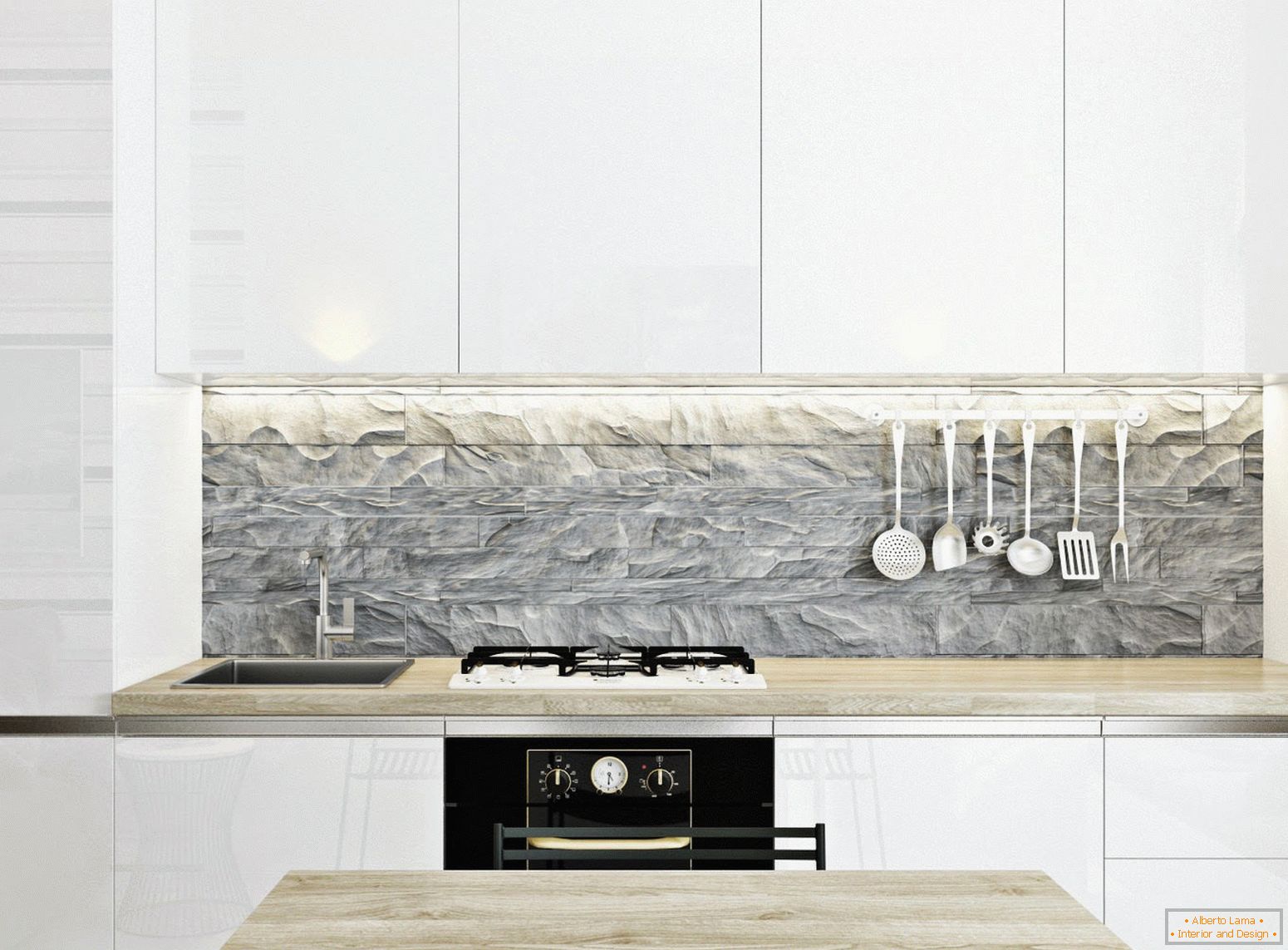 Bucătărie elegantă în stilul minimalismului alb