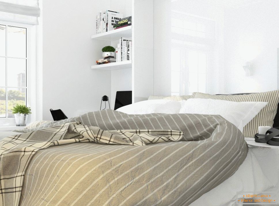 Designul interior al unui dormitor în stilul minimalismului alb