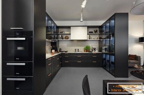 Stil de înaltă tehnologie - fotografie de bucătărie cu cameră de zi
