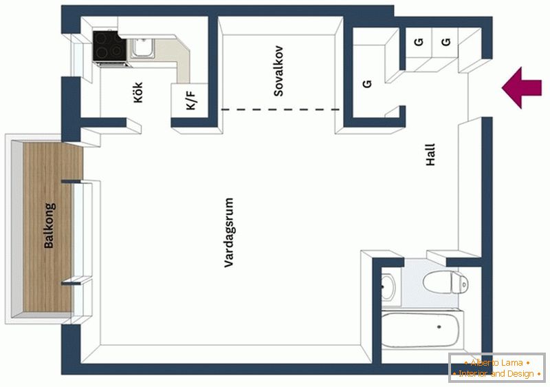 Schema unui apartament studio cu un dormitor sub tavan