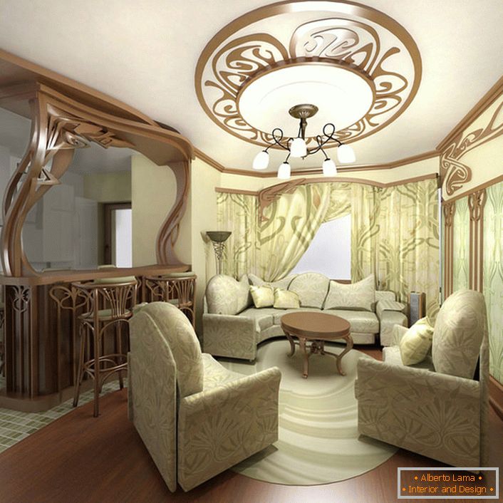 Mobilier rafinat pentru un living mic în stil Art Nouveau într-un apartament de la Moscova.