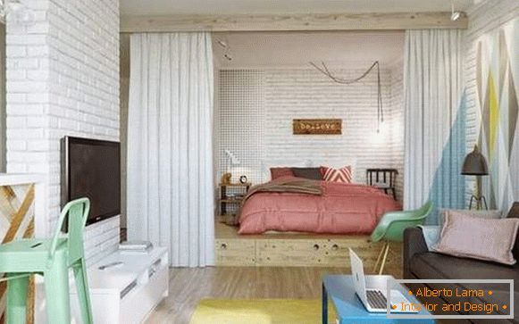 cum să aranjați mobilierul în camera unui apartament cu o cameră, fotografia 24