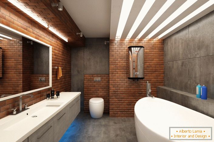 Simularea zidăriei în baie, în stil loft, este combinată armonios cu mobila albă de zăpadă.
