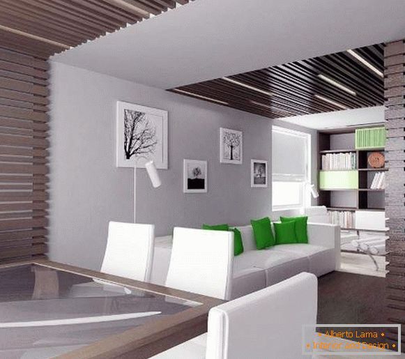 Interiorul unei săli mici într-o casă privată într-un stil minimalist modern