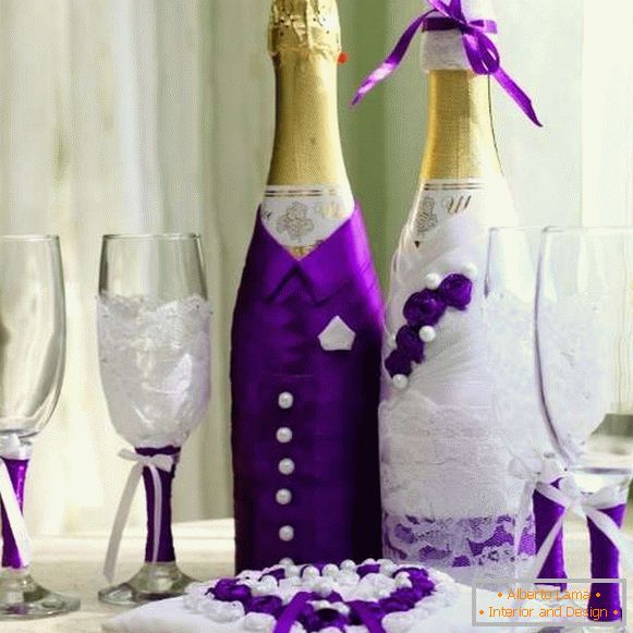 Decorarea sticlelor de șampanie pentru nuntă - mireasa și mirele