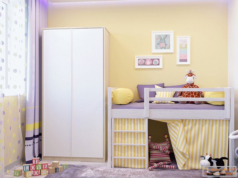 Ziduri galbene într-o cameră mică pentru copii