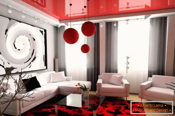 Design interior cu tavan întins pe roșu
