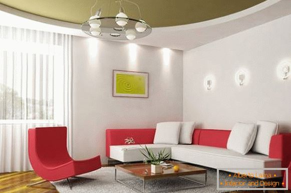 Verde plafon stretch în proiectarea de living în stil modern