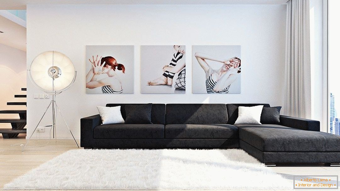 Camera de zi în stil minimalist, cu picturi