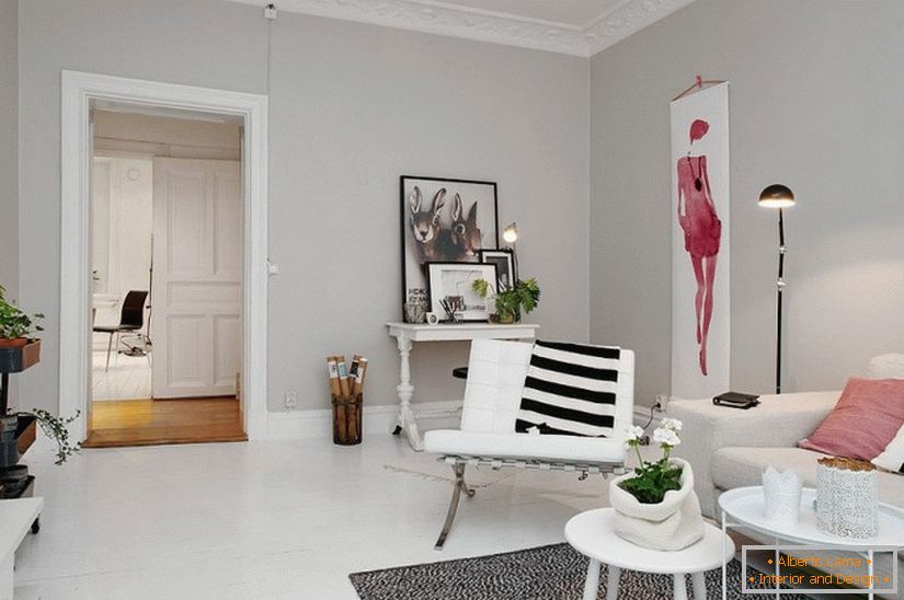 Sufrageria apartamentului studio în stil scandinav