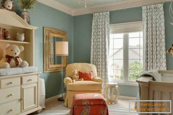 Pictarea zidurilor în apartament - o fotografie a unei grădinițe albastre