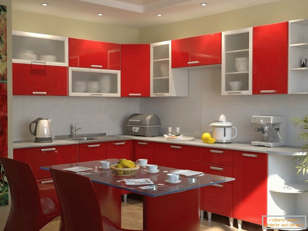 Mobilă de bucătărie cu fațadă roșie