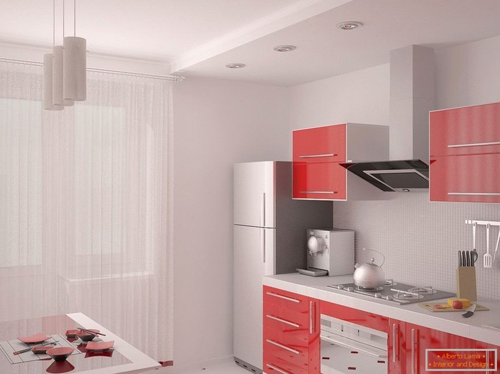 Interiorul de lumină cu bucătărie roșie