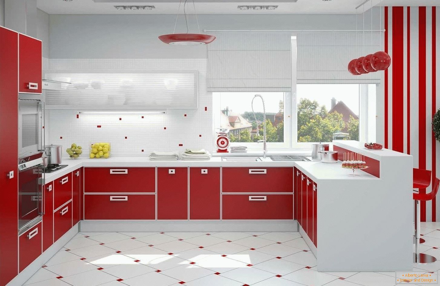 Interiorul bucătăriei roșii și albe