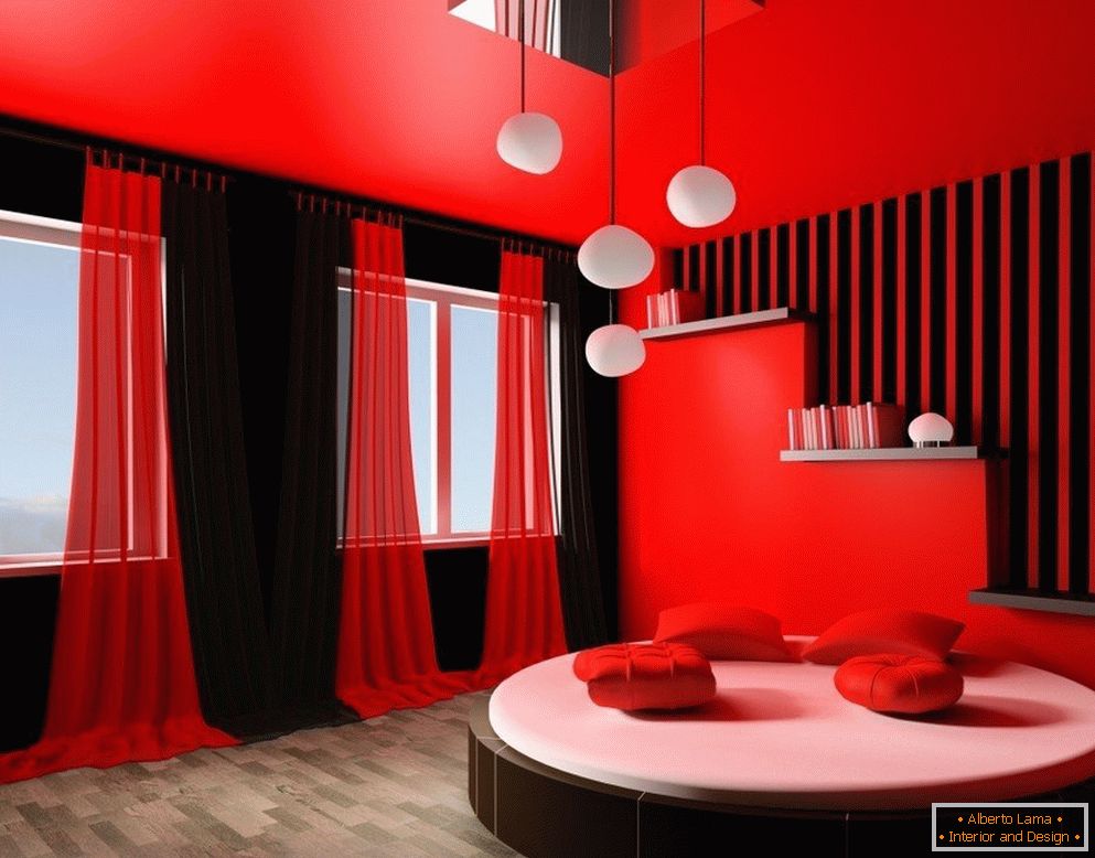 Interiorul roșu-negru al camerei