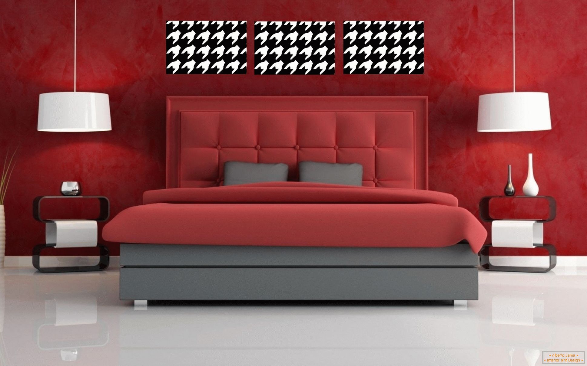 Podea albă și pereți roșii în dormitor