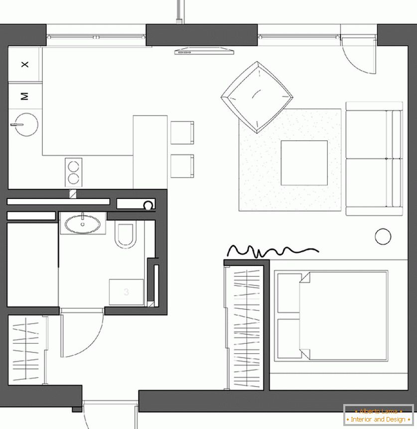 Un interior unic al unui apartament cu o cameră pentru un cuplu tânăr