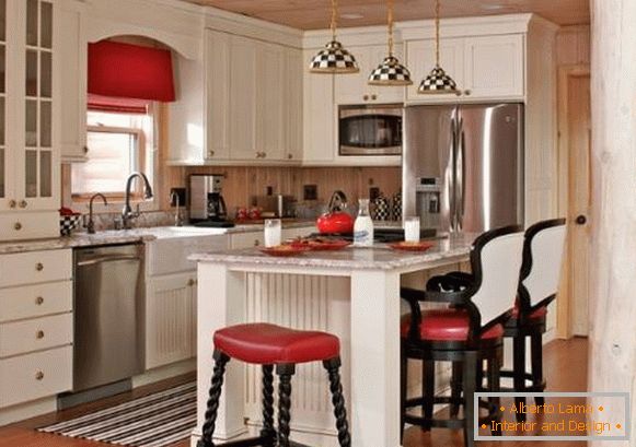 Interior de bucătărie strălucitor în stilul țării - fotografii în culori negre și albe și roșii