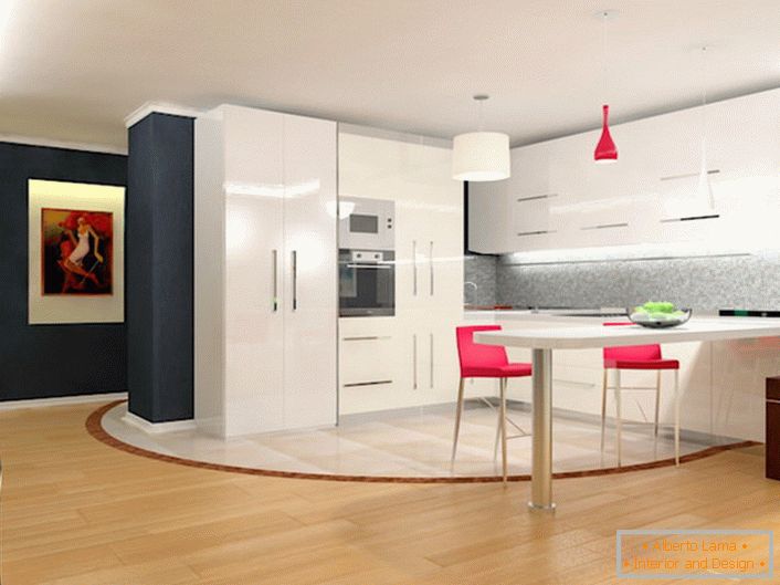 O bucătărie spațioasă, în stilul minimalismului, cu un set de bucătărie laconic. Simplitatea, practicitatea și funcționalitatea sunt incluse într-un concept unic al stilului.