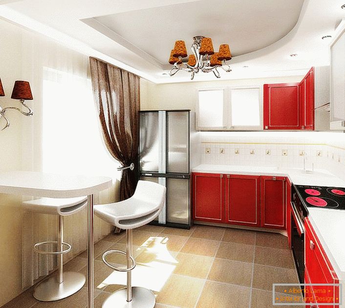 Proiect de design pentru bucătărie într-un apartament obișnuit din Moscova. Contrast combinație de culori, mobilier funcțional, nu încărcate cu mobilier, iluminat laconic - indicii de stil impecabil al proprietarului locuinței.