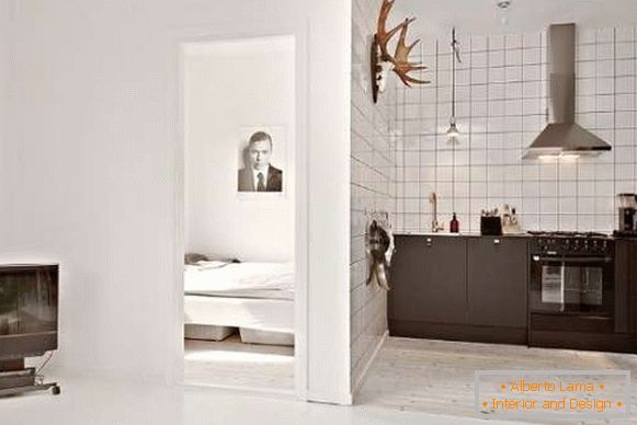 Design interior de bucătărie în apartamente mici de studio - fotografie alb-negru
