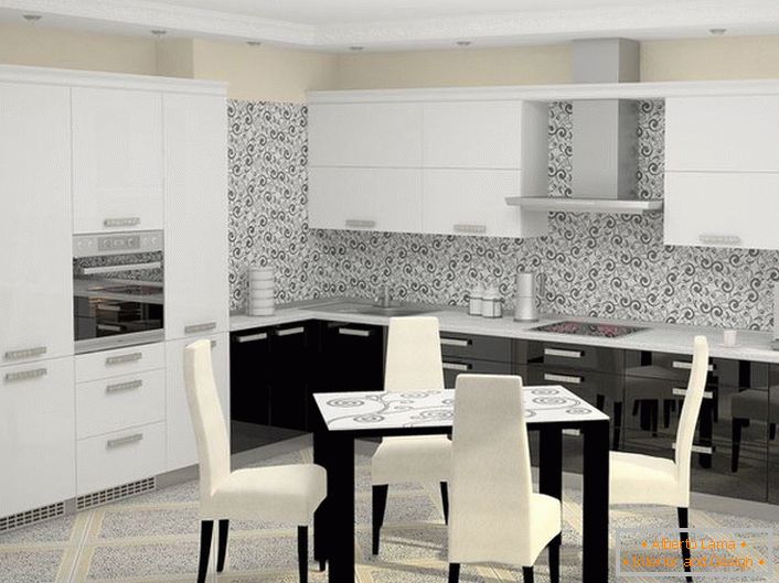 O bucătărie alb-negru, așezată în stil de înaltă tehnologie, cu aparate încorporate, arată organic în conceptul general al unei idei de design. 
