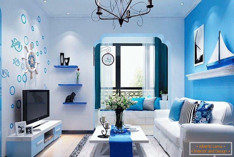 Camera de zi cu un interior albastru