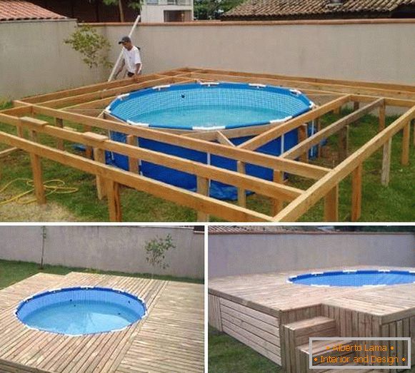O piscină mică scheletată cu podium din lemn