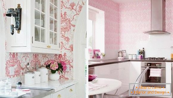 Roz bucătărie cu tapet pe pereți