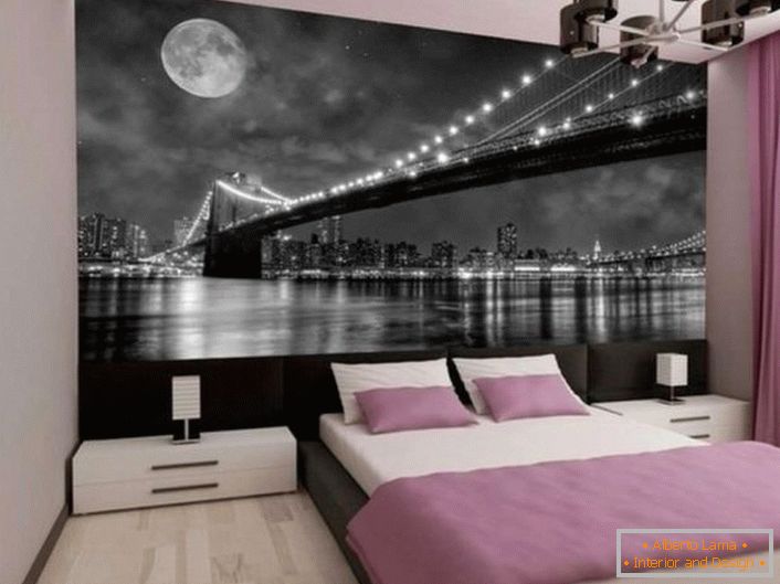 O temă preferată a designerilor este metropola de noapte și podul suspendat prin cablu în luminile.