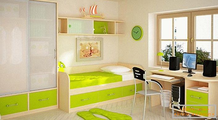 Cameră pentru copii în stil high-tech. În conformitate cu stilul de mobilier este echipat cu un număr mare de sertare și rafturi. O soluție practică pentru orice copil. 