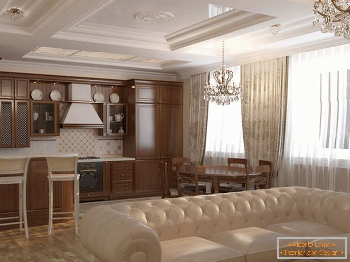 Bucătăria-living este decorată în stil Art Nouveau. Culorile luminoase, mobilierul din lemn natural, candelabrele de tavan masiv din cristal se potrivesc în conformitate cu stilul.