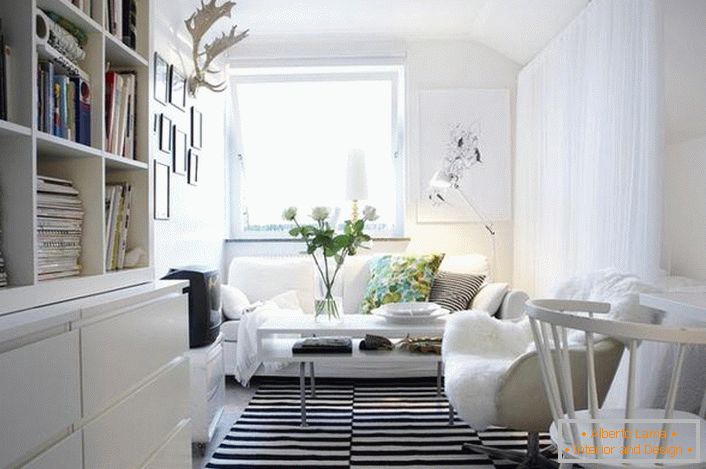 Combinația clasică de alb-negru arată profitabilă în interior în stil scandinav. Mobilierul alb face ca livingul să fie ușor și confortabil.