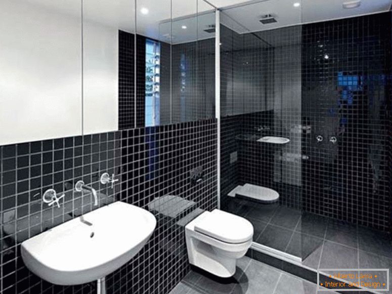 minimalist-interior-decor-cuplat cu-negru-baie-idei-pentru-moderne-baie-mobilat, cu-porțelan-chiuveta-și perete-robinet-sub-mare-perete-oglindă