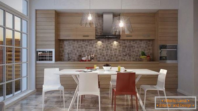 Design modern de bucătărie cu o fereastră panoramică - fotografie interioară
