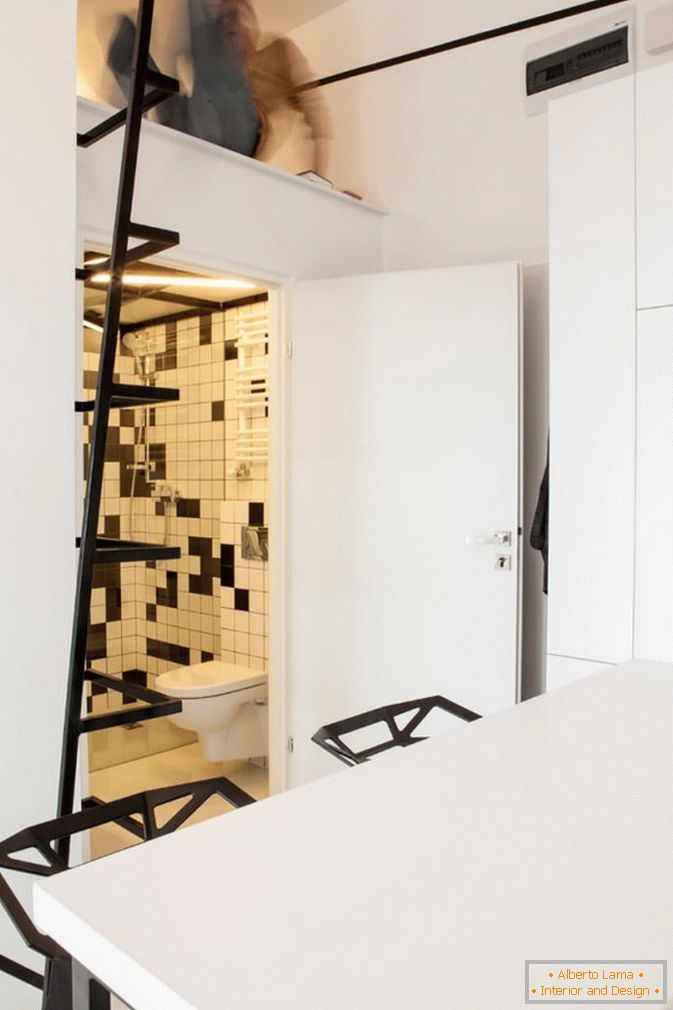 O baie de apartament studio în alb și negru