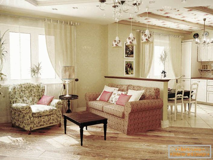 Proiectul de proiectare a fost realizat sub comanda unei tinere doamne. Un interior modest și modest pentru o cameră de zi în stil de țară în stil de țară Provence.