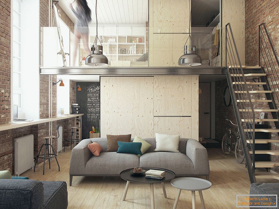 Interiorul unui apartament cu două nivele în stil loft
